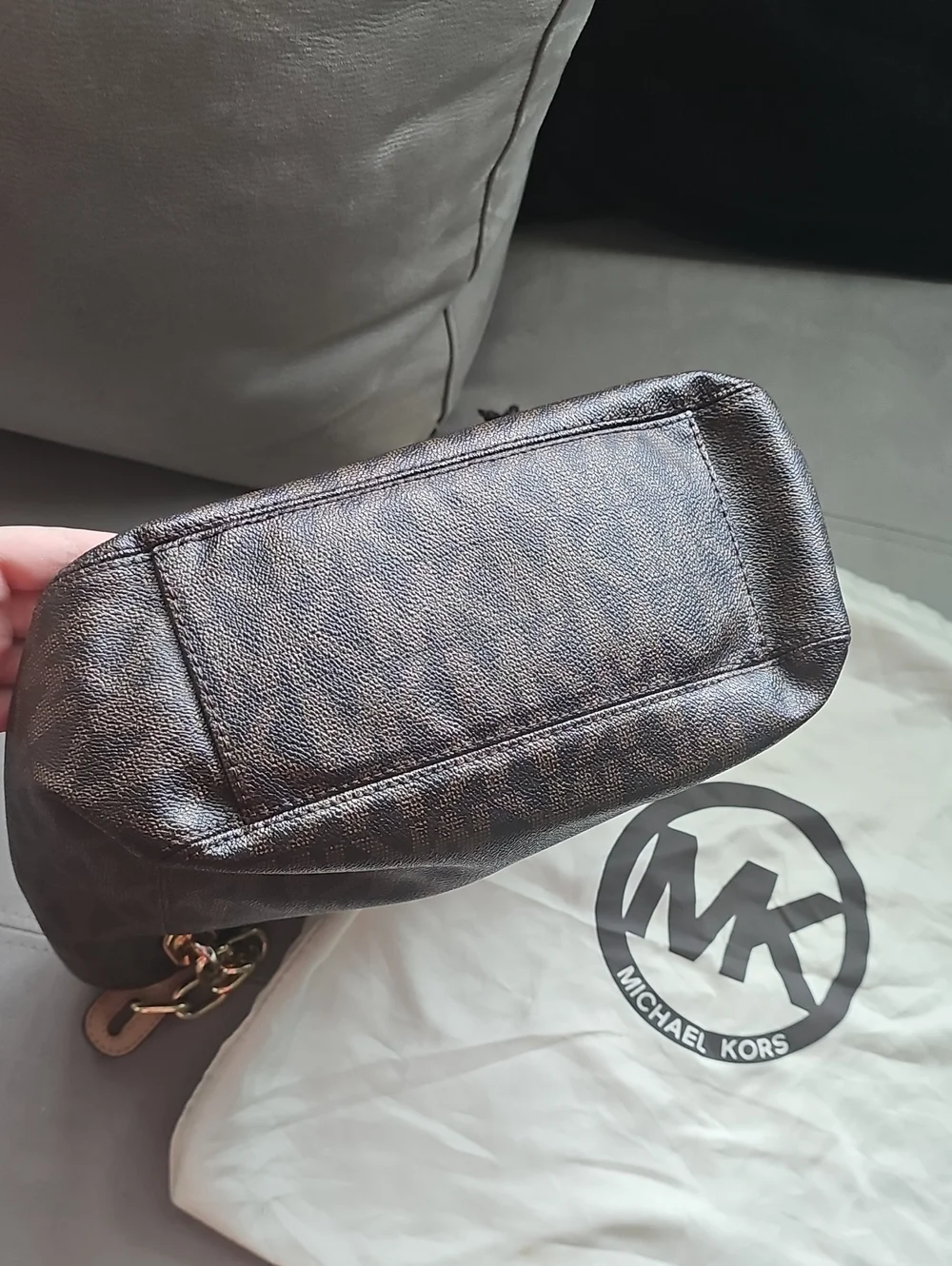 Michael Kors Dark Brown MK Monogram Chain-Handle Lilly Shoulder Bag